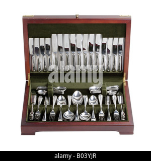 Silver cutlery in a canteen box Stock Photo