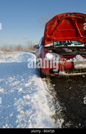 Car Trouble on Winter Country Road Stock Photo