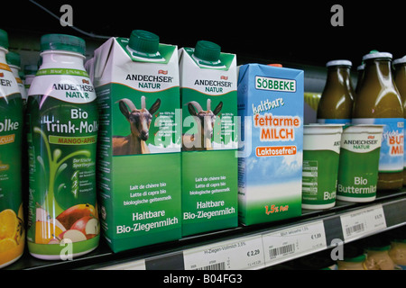 Assortment of dairy products in German organic food store Stock Photo