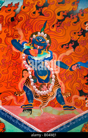 TIBETAN BUDDHIST MURAL on TANTRIC WRATHFUL DIETY in the TEMPLE at NAWAL NGAWAL on the AROUND ANNAPURNA TREK ANNAPURNA Stock Photo