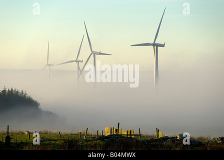 Wind farm emerging from morning mist at Causeymire, Caithness, Scotland, UK Stock Photo