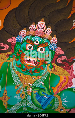 TIBETAN BUDDHIST MURAL of a TANTRIC WRATHFUL DIETY in the TEMPLE at NAWAL NGAWAL on the AROUND ANNAPURNA TREK NEPAL Stock Photo