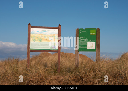 Teesmouth natural nature reserve sign on sand dunes near the Hartlepool nuclear power station Stock Photo