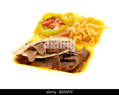 Fresh Lamb Donner Kebab With Chips And Jalapeno Sweet Peppers Isolated Against A White Background With No People And A Clipping Path Stock Photo