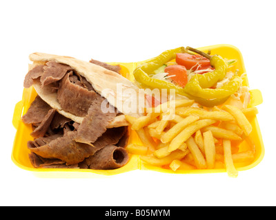 Fresh Lamb Donner Kebab With Chips And Jalapeno Sweet Peppers Isolated Against A White Background With No People And A Clipping Path Stock Photo