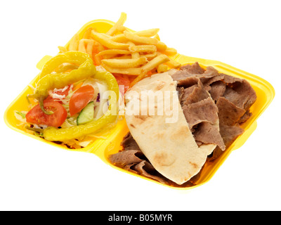 Fresh Lamb Donner Kebab With Chips And Jalapeno Sweet Peppers Isolated Against A White Background With No People And A Clipping Path Stock Photo