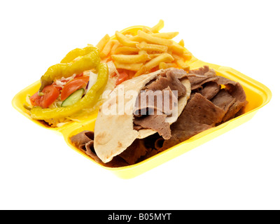 Fresh Lamb Donner Kebab With Chips And Jalapeno Sweet Peppers Isolated Against A White Background With No People And A Clipping Path Stock Photo