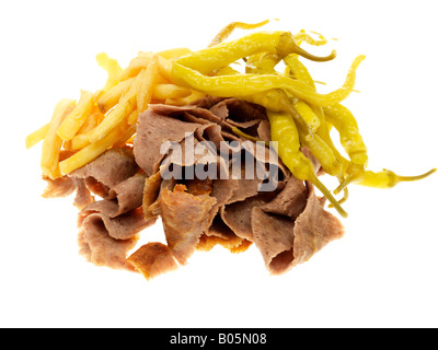 Fresh Lamb Donner Kebab With Chips And Jalapeno Sweet Peppers Isolated Against A White Background With No People And A Clipping Path Stock Photo