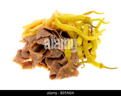 Fresh Lamb Donner Kebab With Chips And Jalapeno Sweet Peppers Isolated Against A White Background With No People And A Clipping Path Stock Photo