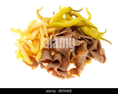 Fresh Lamb Donner Kebab With Chips And Jalapeno Sweet Peppers Isolated Against A White Background With No People And A Clipping Path Stock Photo