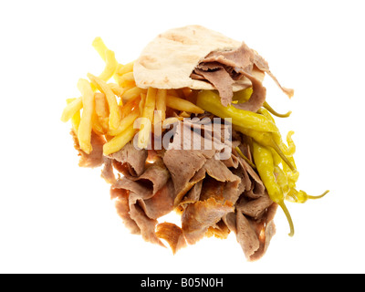 Fresh Lamb Donner Kebab With Chips And Jalapeno Sweet Peppers Isolated Against A White Background With No People And A Clipping Path Stock Photo