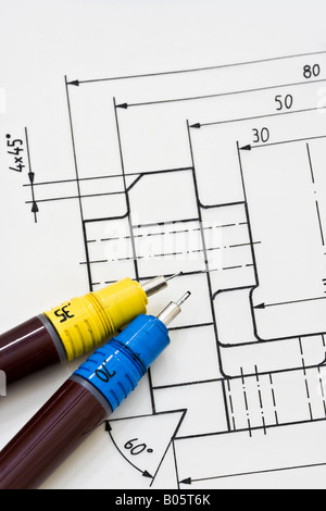 Detail of a mechanical engineering blueprint hand drawn using technical pens on transparent paper Stock Photo