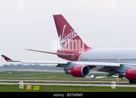 Tail of Virgin Atlantic Boeing 747-443 Taxiing Out for Take-off at Manchester Ringway Airport Greater Manchester England UK Stock Photo