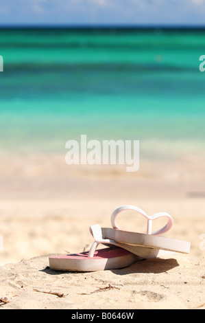 Flipflops on a sandy ocean beach vacation concept Stock Photo