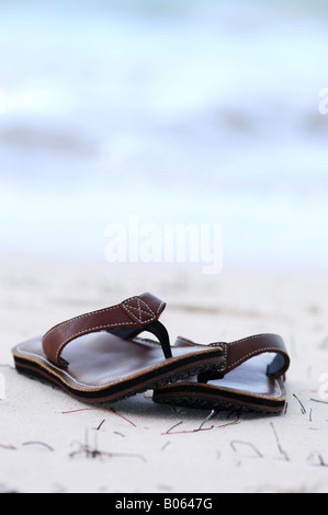 Flipflops on a sandy ocean beach summer vacation concept Stock Photo