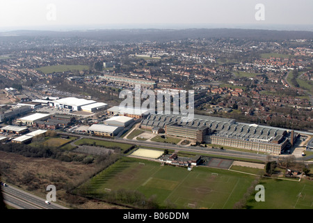 Aerial view north west of Debden train station Bank of England printing works Essex London IG10 England UK High level oblique Stock Photo