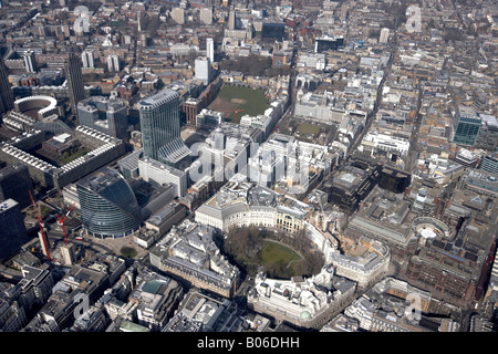 Aerial view north west of Finsbury Circus Broadgate Circle Britanic Tower urban offices City of London EC2 England UK High level Stock Photo