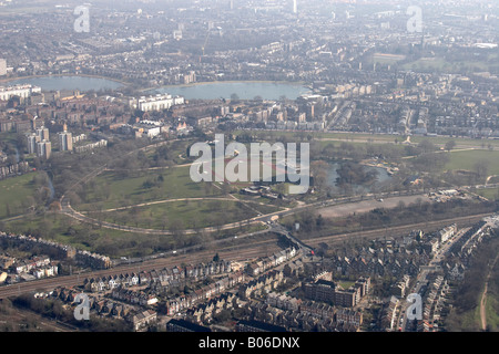Aerial view south east of Finsbury Park East West Reservoir urban houses Haringey London N4 N16 England UK High level oblique Stock Photo