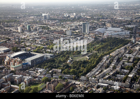 Aerial view north west of Brompton Cemetery Stamford Bridge Chelsea Football Club Earls Court Exhibition Centre London SW10 SW6 Stock Photo