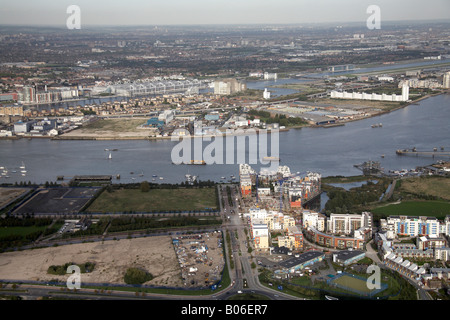 Aerial view north east of Greenwich Peninsula Ecology Park John Harrison Way River Thames Royal Victoria Dock London SE10 E16 UK Stock Photo