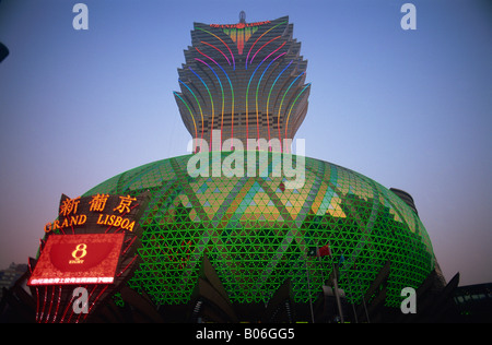 China, Macau, Grand Lisboa Hotel and Casino Night Lights Stock Photo