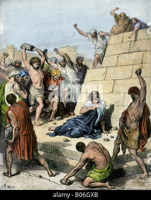 Stephen stoned to death for preaching Christianity in Jerusalem 36 AD. Hand-colored woodcut of a Gustave Dore illustration Stock Photo