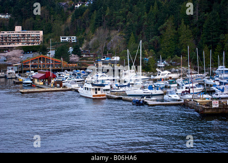 Sewell's Marina in Horseshoe Bay at sunrise from the deck of the BC Ferries MV Coastal Renaissance car and passenger ferry. Stock Photo