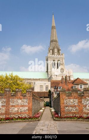 View to 12th century Norman Chichester Cathedral Church of the Holy Trinity 1199 along St Richard's Walk. Chichester West Sussex England UK Britain Stock Photo