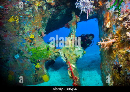 A scuba diver investigates the propeller of the Mbike shipwreck which lies near The Florida Islands, part of The Solomon Islands Stock Photo