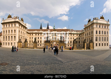 Horizontal panoramic of the front entrance of Prague Castle on a bright sunny day. Stock Photo