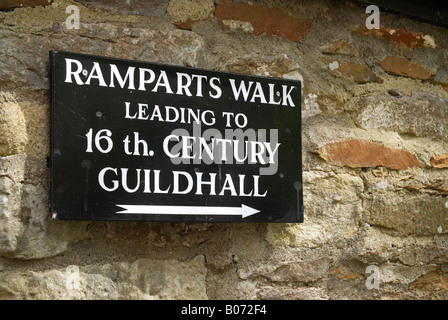 Sign to the Guildhall and Ramparts Walk in Totnes, Devon, England Stock Photo