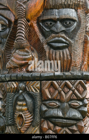 New Caledonia, Grande Terre Island, Noumea, Polynesian Carving detail on the MWA KA totem Pole Stock Photo