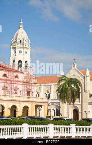 Panama, Panama City, Casco Viejo, Palacio de Gobiewrno y Justicia, National Theatre and  San Fransisco de Asisi Church Stock Photo