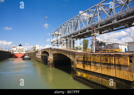 Panama, Panama Canal, Tanker in Miraflores Locks Stock Photo