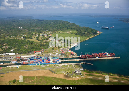 Panama, Panama Canal, Container ships in Gatun Locks Stock Photo