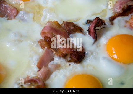 Close up shot of fried sunny side up eggs with bacon in hot pan Stock Photo