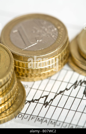 Euro coins on  a line graph Stock Photo