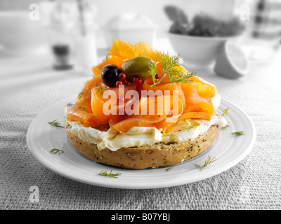 Smoked salmon cream cheese bagel Stock Photo