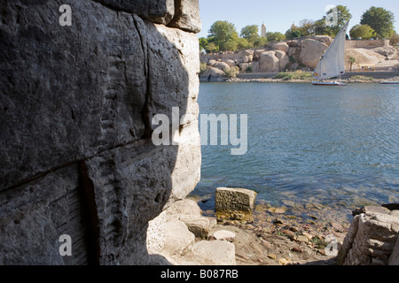 View standing at bottom of the Nilometer looking out over the Nile, Elephantine Island, Aswan, Egypt Stock Photo