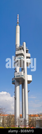 A 3 picture panoramic stitch of the Žižkov Television Tower in Prague. Stock Photo