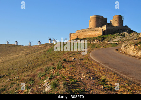 Castle and windmills, Consuegra, Castilla-La Mancha region, Spain Stock Photo