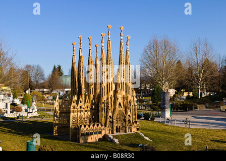 Model of the Barcelonan Church of the Holy Family designed by Gaudi in the Minimundus Freizeitpark theme park in Klagenfurt, Ca Stock Photo