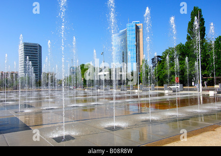 Trick fountains on the Square of Nations, Place des Nationen in Geneva, ITU Headquarters (left), WIPO, UPOV buildings on the ri Stock Photo