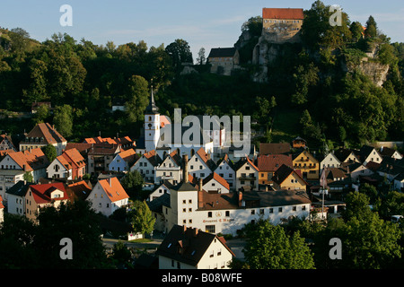 Town of Pottenstein and its castle, Upper Franconia, Bavaria, Germany Stock Photo