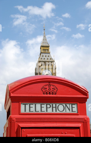 Traditional British red public phone box with Big Ben in the distance London England Stock Photo