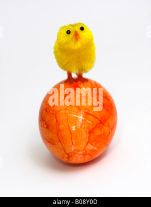 Chick perched on top of painted Easter egg Stock Photo