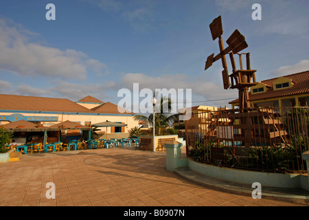 Windmill and cafe in tourist area at Santa Maria, Sal Island, Cape Verde, Africa Stock Photo