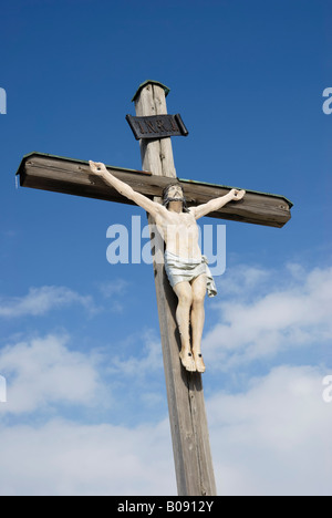 Wooden crucifix, Jesus on the cross, outdoors Stock Photo