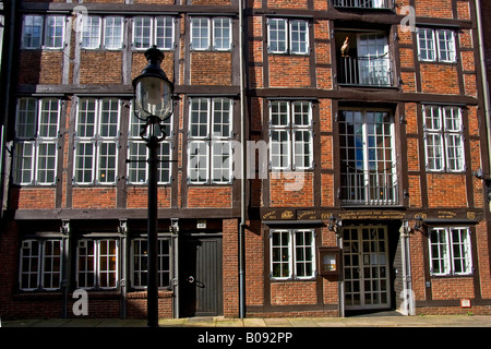 Historic timber-framed houses and Schoppenhauer Restaurant and Wine Bar in the historic centre of Hamburg, Germany