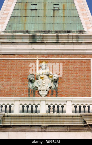 Lady Justice with two lions at the Campanile, bell tower of St. Mark's Basilica, detail, St Mark's Square, Venice, Venetia, Ita Stock Photo